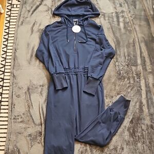 Navy Blue Hooded Cozy Jumpsuit with Drawstring Waist and Long Sleeves Nwt